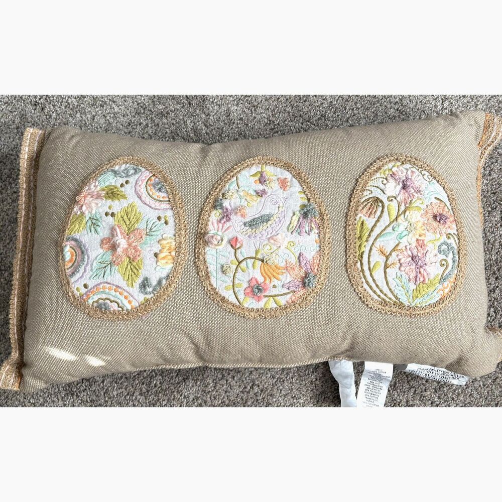 Bed Bath & Beyond Spring,Easter Egg Embroidery Jute Trim Cotton 24" x 12" Pillow
